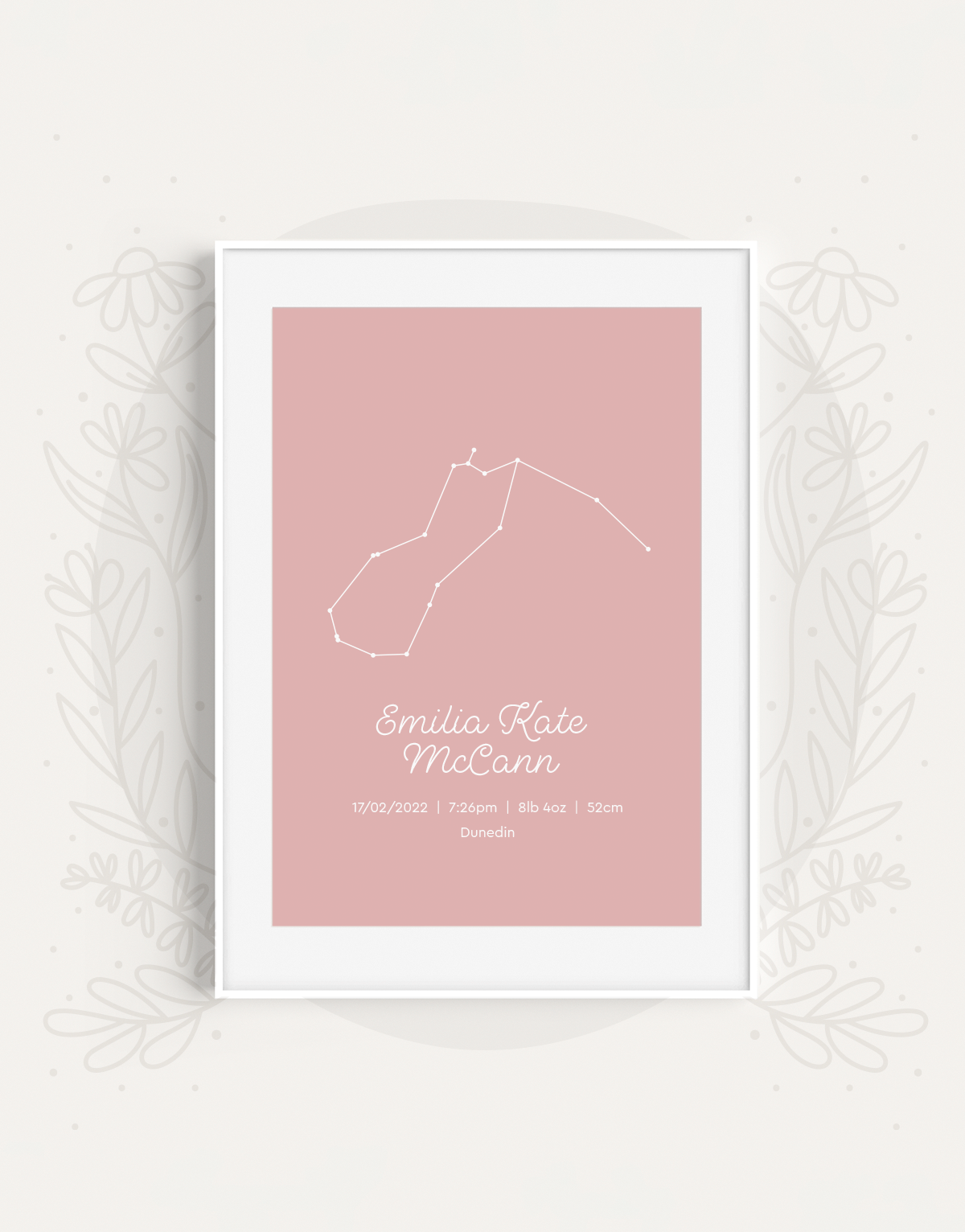 Sweet Petite | Zodiac constellations Baby birth announcement poster in The Astronomer style and rose pink colour