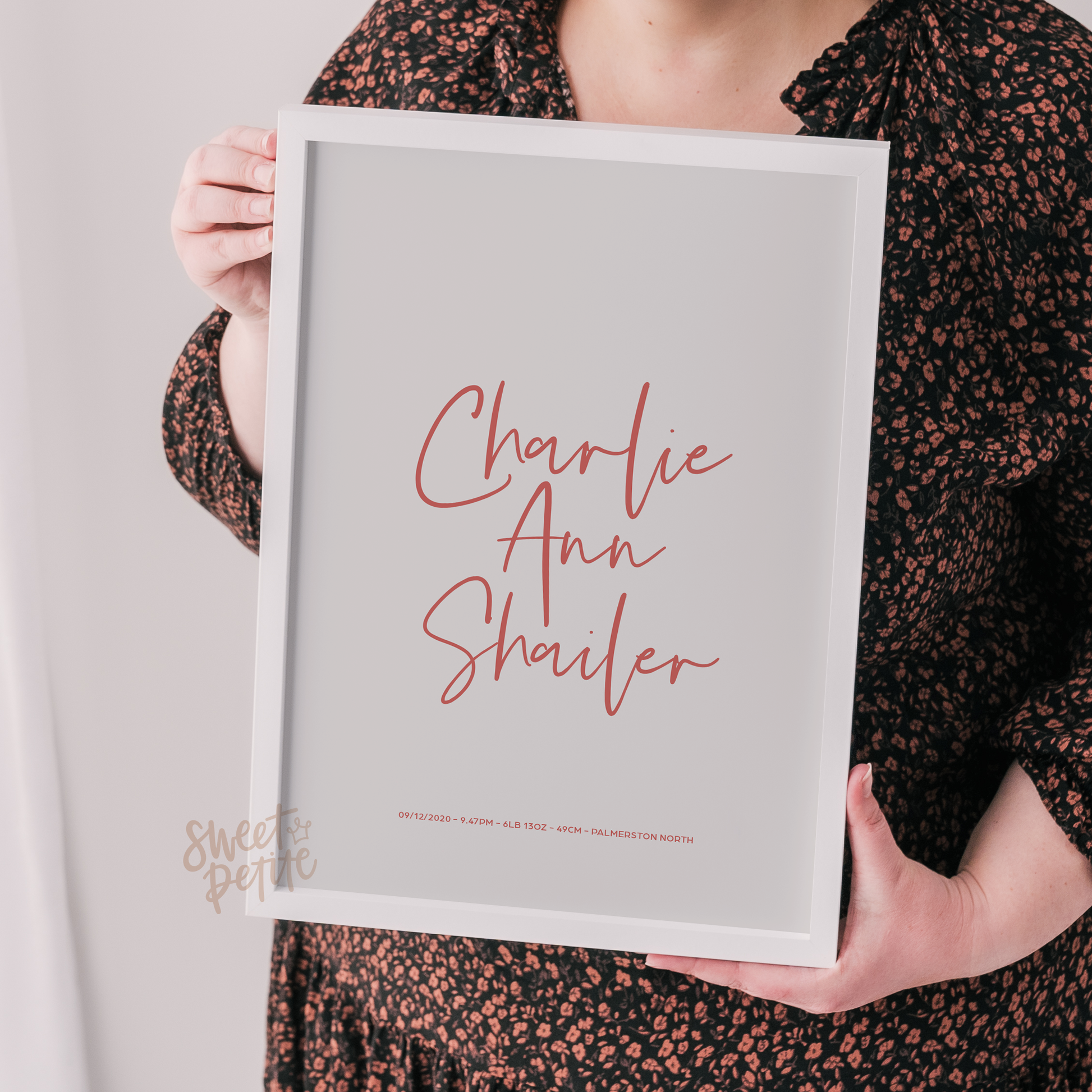 Sweet Petite | Baby birth announcement poster in The Minimalist style in concrete pale grey colour with pink red detailing