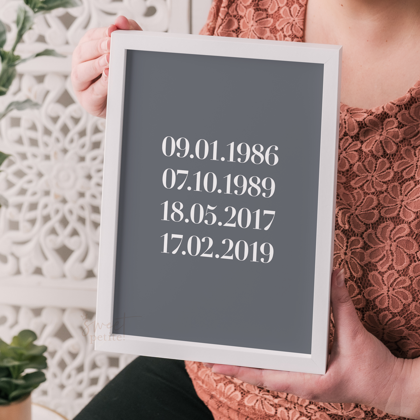Sweet Petite | Baby birth announcement poster and Family Print in The Tribe style in White & Smoke Grey colour
