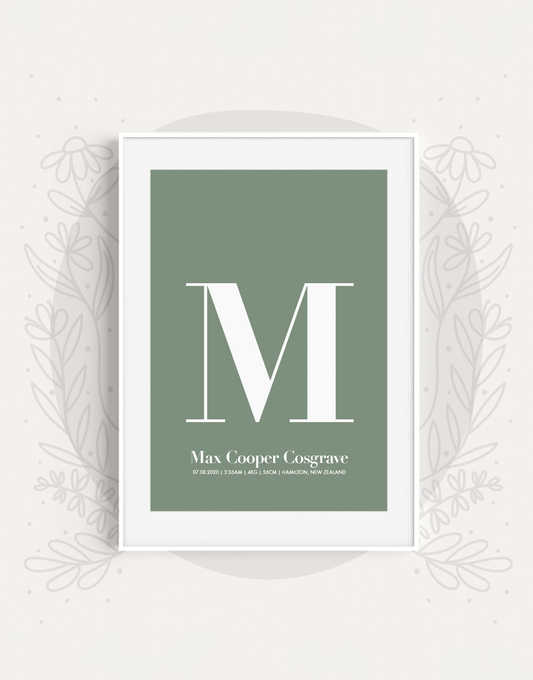 Sweet Petite | Baby birth announcement poster in The Beginning style in Serif option and moss green colour