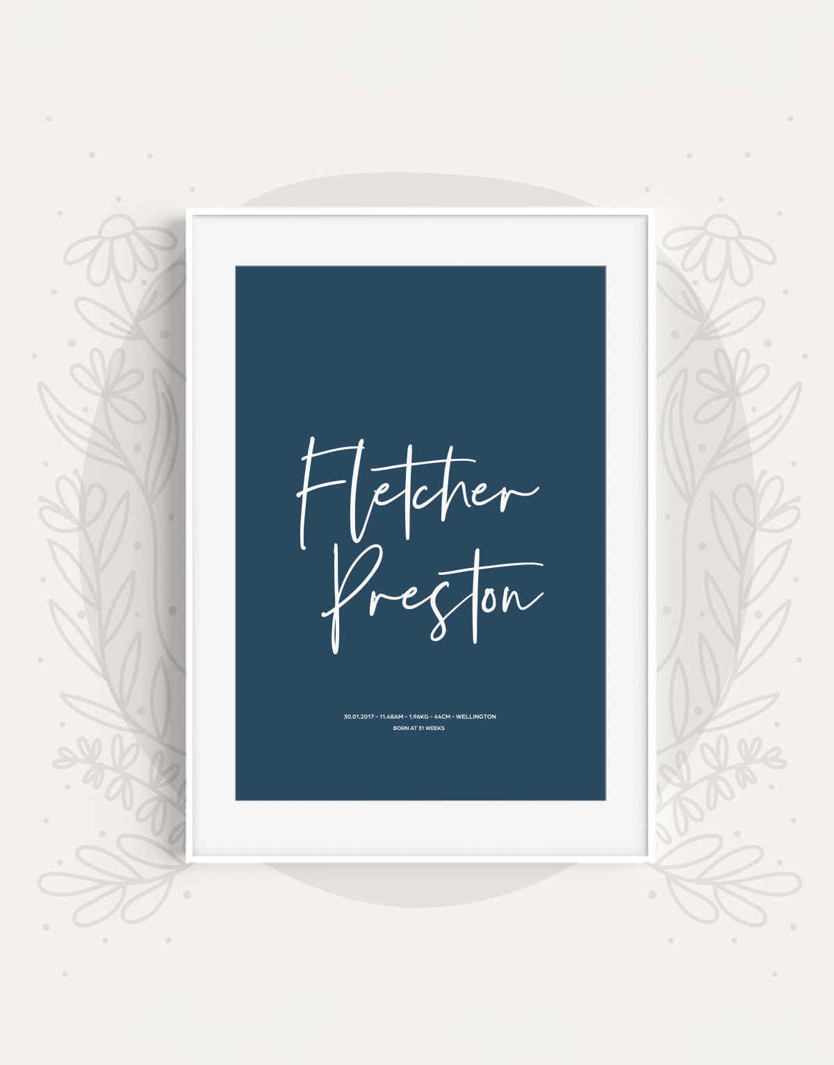 Sweet Petite | Baby birth announcement poster in The Minimalist style in moody navy blue colour