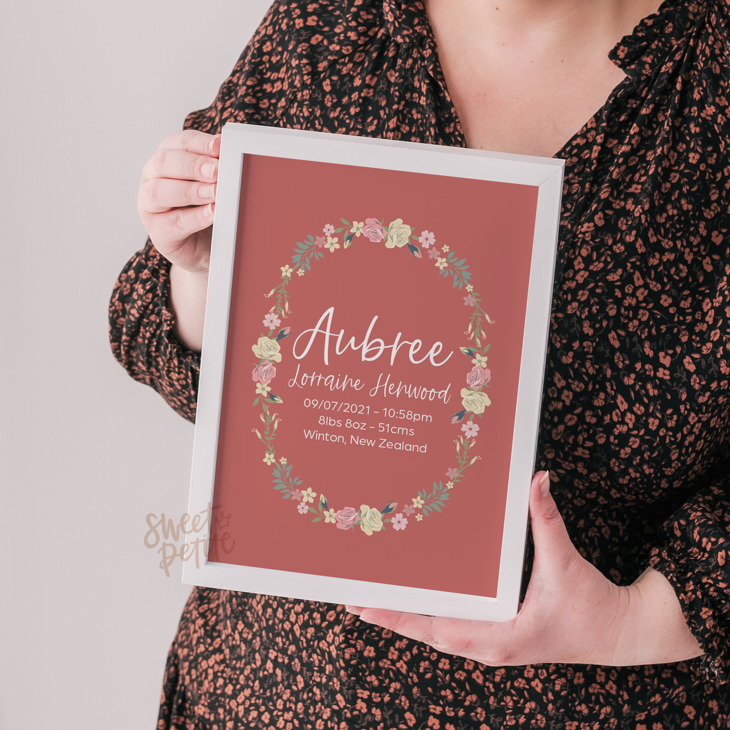 Sweet Petite | Baby birth announcement poster in The Dreamer Calligraphy style in amore pink red colour