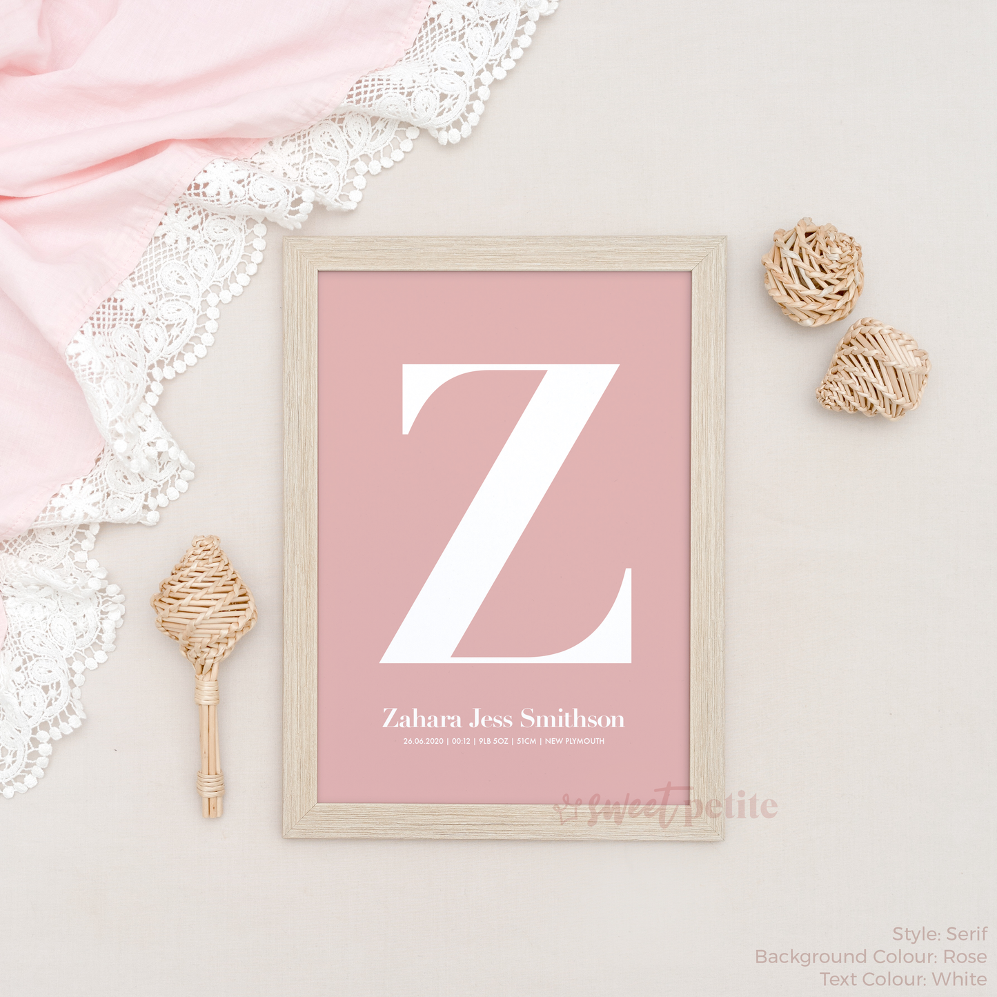 Sweet Petite | Baby birth announcement poster in The Beginning style in Serif option and Rose pink colour